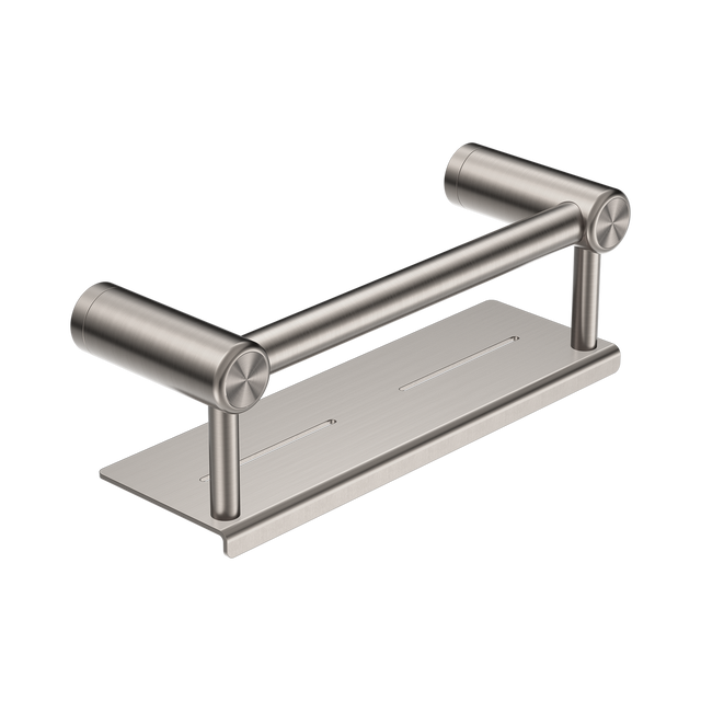 An image of Nero Tapware Mecca Care 25mm Grab Rail With Shelf 300mm Brushed Nickel