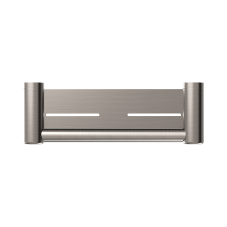 An image of Nero Tapware Mecca Care 25mm Grab Rail With Shelf 300mm Brushed Nickel