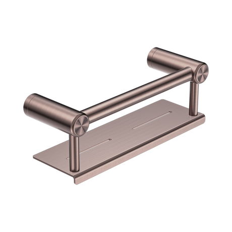 An image of Nero Tapware Mecca Care 25mm Grab Rail With Shelf 300mm Brushed Bronze