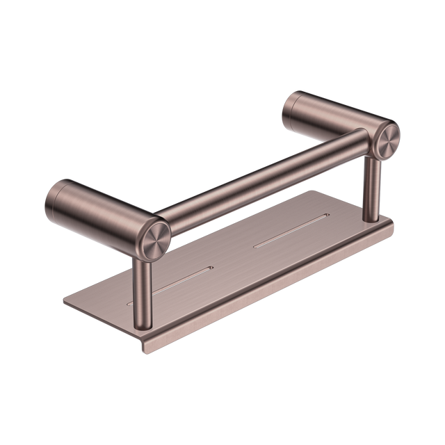 An image of Nero Tapware Mecca Care 25mm Grab Rail With Shelf 300mm Brushed Bronze