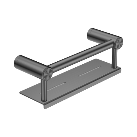An image of Nero Tapware Mecca Care 25mm Grab Rail With Shelf 300mm Gun Metal