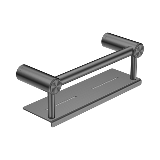 An image of Nero Tapware Mecca Care 25mm Grab Rail With Shelf 300mm Gun Metal