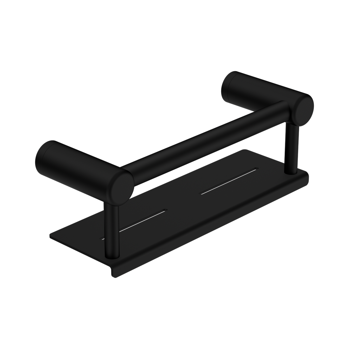 An image of Nero Tapware Mecca Care 25mm Grab Rail With Shelf 300mm Matte Black