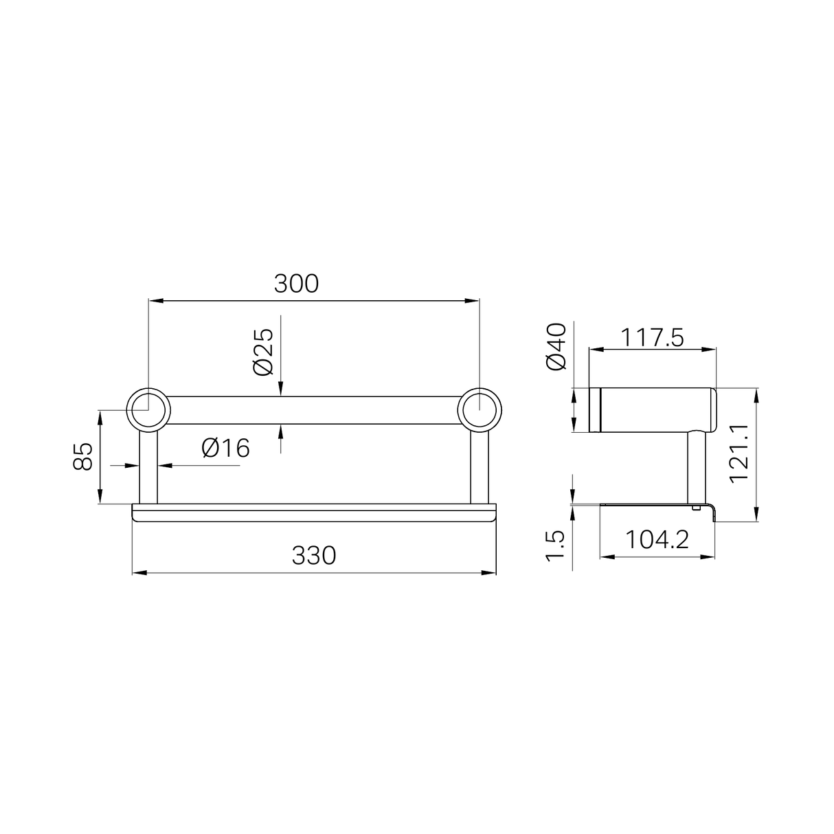 A line drawing of Nero Tapware Mecca Care 25mm Grab Rail With Shelf 300mm Chrome