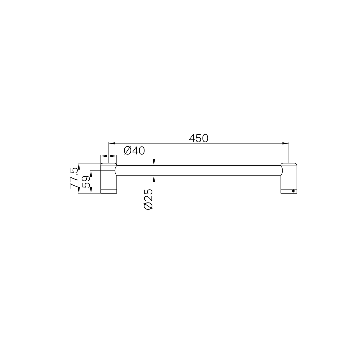 A line drawing of Nero Tapware Mecca Care 25mm Grab Rail 450mm Matte Black