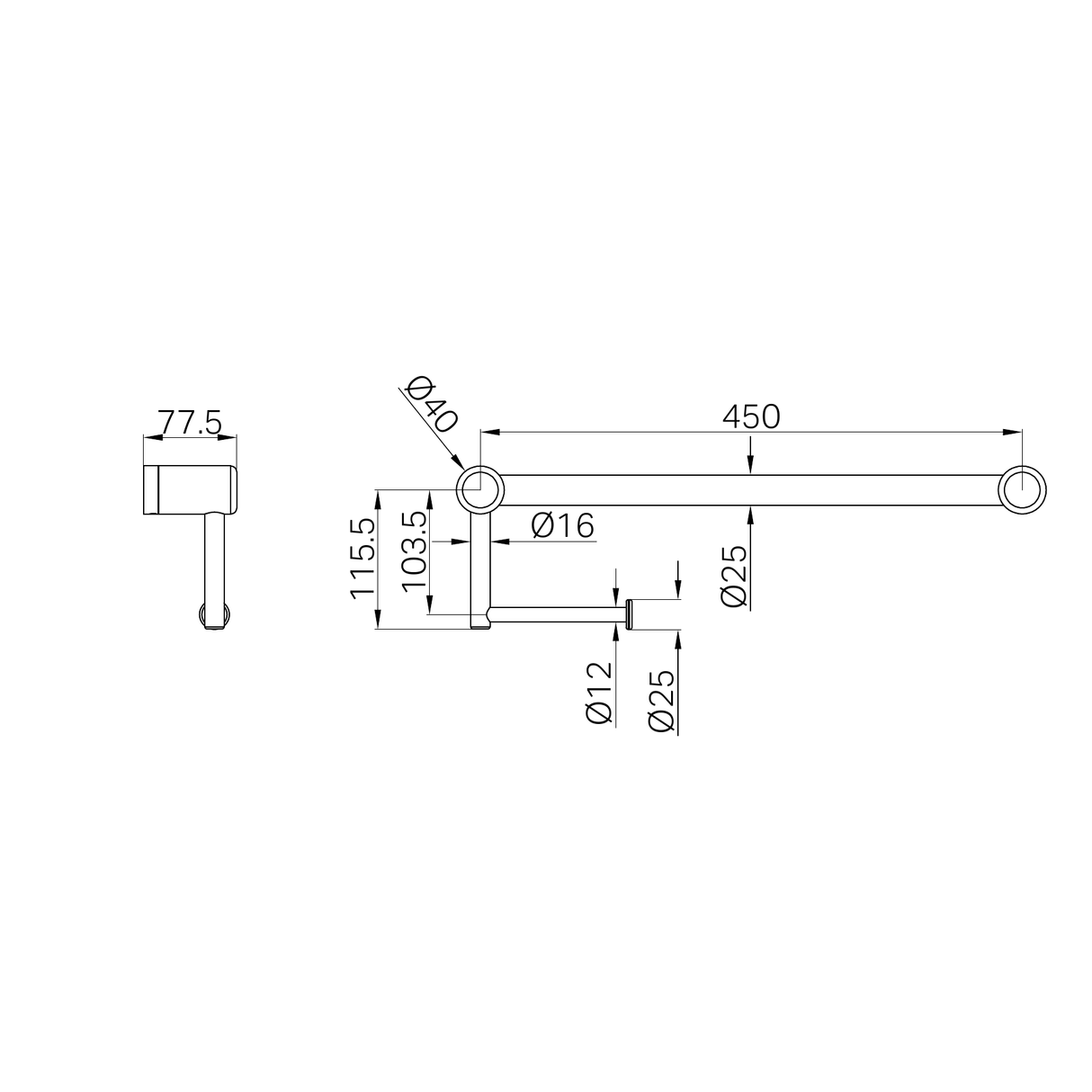 A line drawing of Nero Tapware Mecca Care 25mm Toilet Roll Rail 450mm Gun Metal