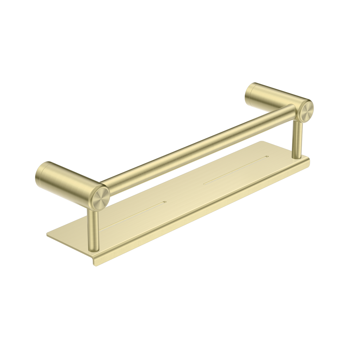 An image of Nero Tapware Mecca Care 25mm Grab Rail With Shelf 450mm Brushed Gold