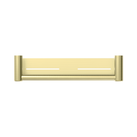 An image of Nero Tapware Mecca Care 25mm Grab Rail With Shelf 450mm Brushed Gold