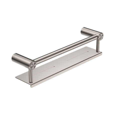 An image of Nero Tapware Mecca Care 25mm Grab Rail With Shelf 450mm Brushed Nickel