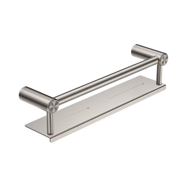 An image of Nero Tapware Mecca Care 25mm Grab Rail With Shelf 450mm Brushed Nickel