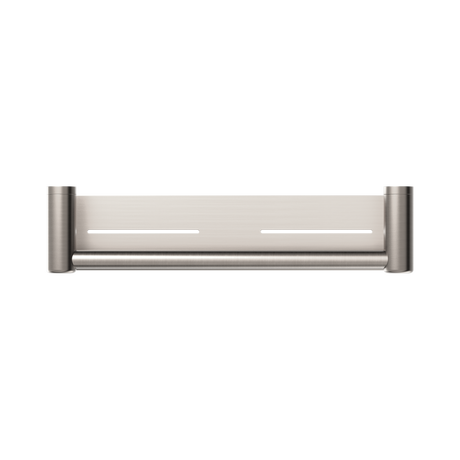 An image of Nero Tapware Mecca Care 25mm Grab Rail With Shelf 450mm Brushed Nickel