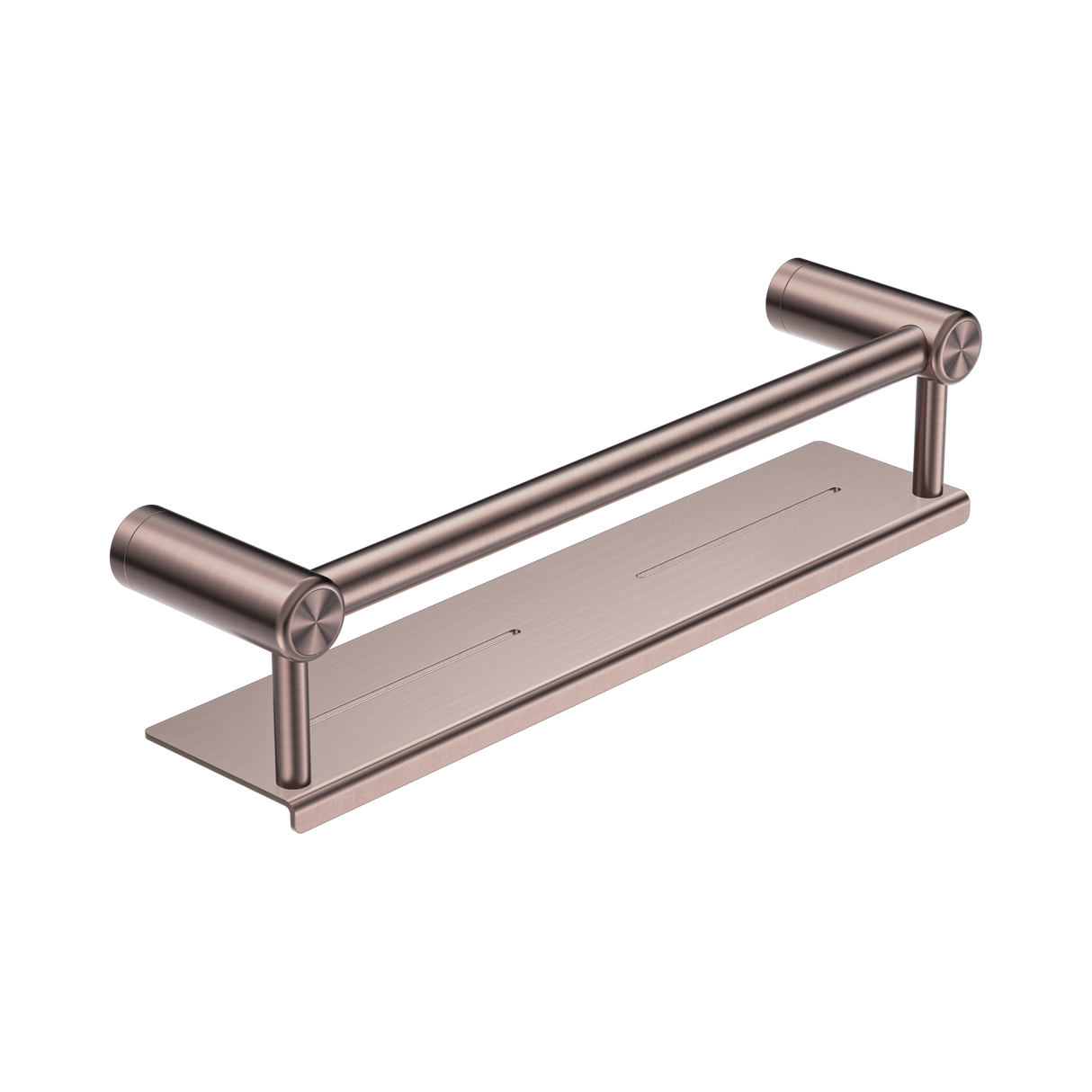 An image of Nero Tapware Mecca Care 25mm Grab Rail With Shelf 450mm Brushed Bronze
