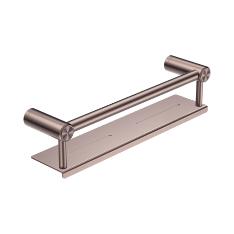 An image of Nero Tapware Mecca Care 25mm Grab Rail With Shelf 450mm Brushed Bronze