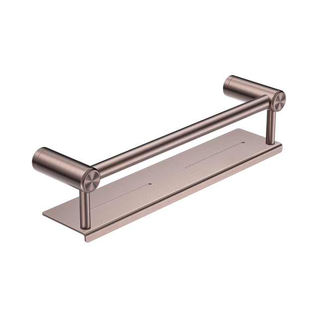 An image of Nero Tapware Mecca Care 25mm Grab Rail With Shelf 450mm Brushed Bronze