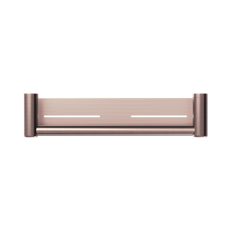 An image of Nero Tapware Mecca Care 25mm Grab Rail With Shelf 450mm Brushed Bronze