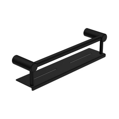An image of Nero Tapware Mecca Care 25mm Grab Rail With Shelf 450mm Matte Black