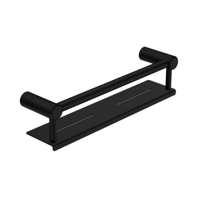 An image of Nero Tapware Mecca Care 25mm Grab Rail With Shelf 450mm Matte Black
