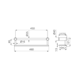 A line drawing of Nero Tapware Mecca Care 25mm Grab Rail With Shelf 450mm Brushed Gold