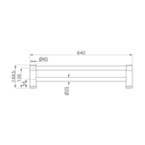 A line drawing of Nero Tapware Mecca Care 25mm Double Towel Grab Rail 600mm Gun Metal