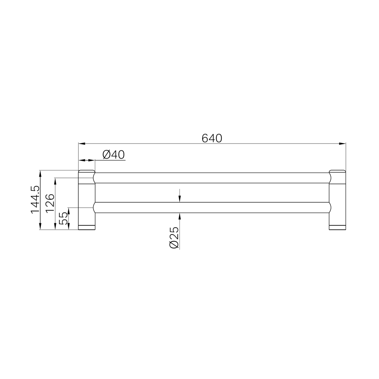 A line drawing of Nero Tapware Mecca Care 25mm Double Towel Grab Rail 600mm Chrome