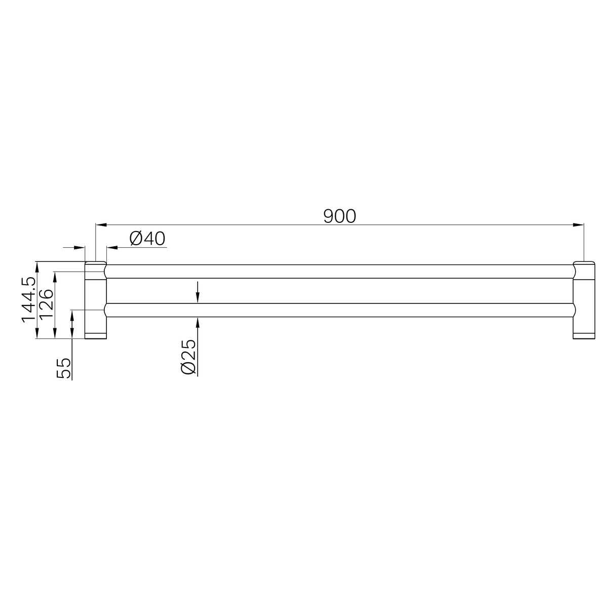 A line drawing of Nero Tapware Mecca Care 25mm Double Towel Grab Rail 900mm Brushed Nickel