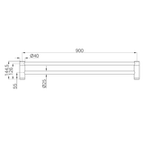 A line drawing of Nero Tapware Mecca Care 25mm Double Towel Grab Rail 900mm Brushed Nickel