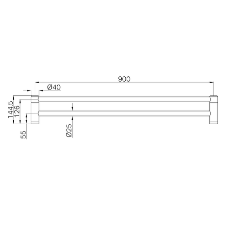 A line drawing of Nero Tapware Mecca Care 25mm Double Towel Grab Rail 900mm Gun Metal