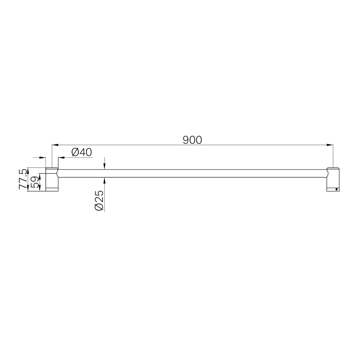 A line drawing of Nero Tapware Mecca Care 25mm Grab Rail 900mm Chrome