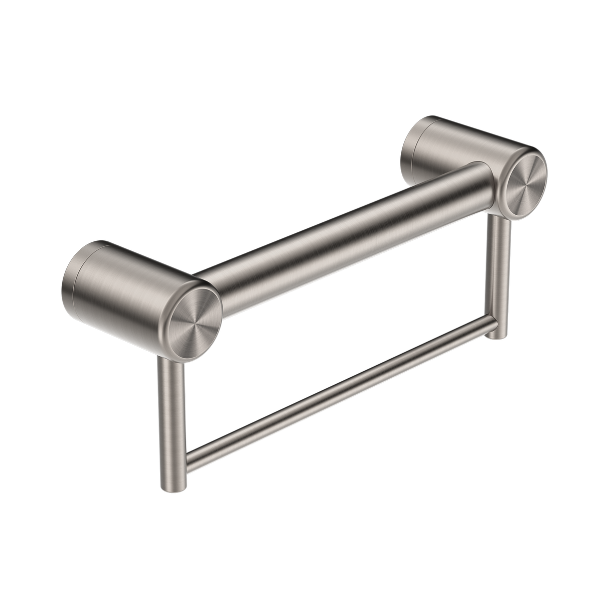 An image of Nero Tapware Mecca Care 32mm Grab Rail With Towel Holder 300mm Brushed Nickel