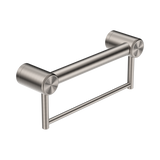 An image of Nero Tapware Mecca Care 32mm Grab Rail With Towel Holder 300mm Brushed Nickel