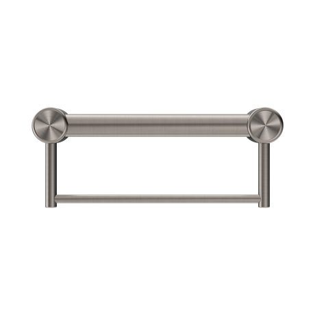 An image of Nero Tapware Mecca Care 32mm Grab Rail With Towel Holder 300mm Brushed Nickel
