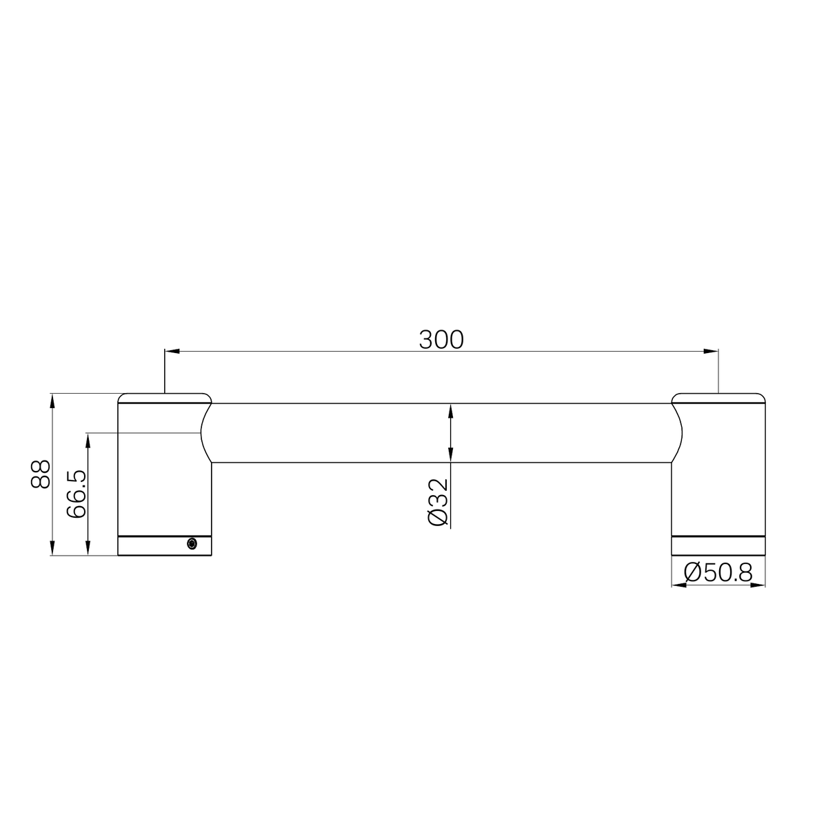 A line drawing of Nero Tapware Mecca Care 32mm Grab Rail 300mm Chrome