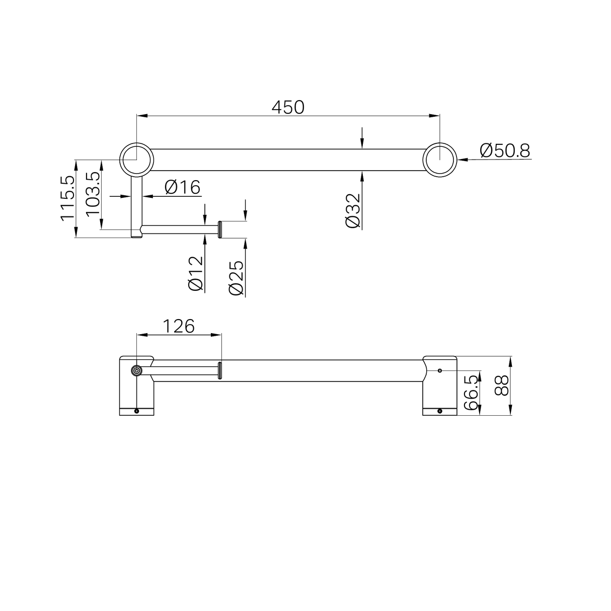 A line drawing of Nero Tapware Mecca Care 32mm Grab Rail With Toilet Roll Holder 450mm Matte Black
