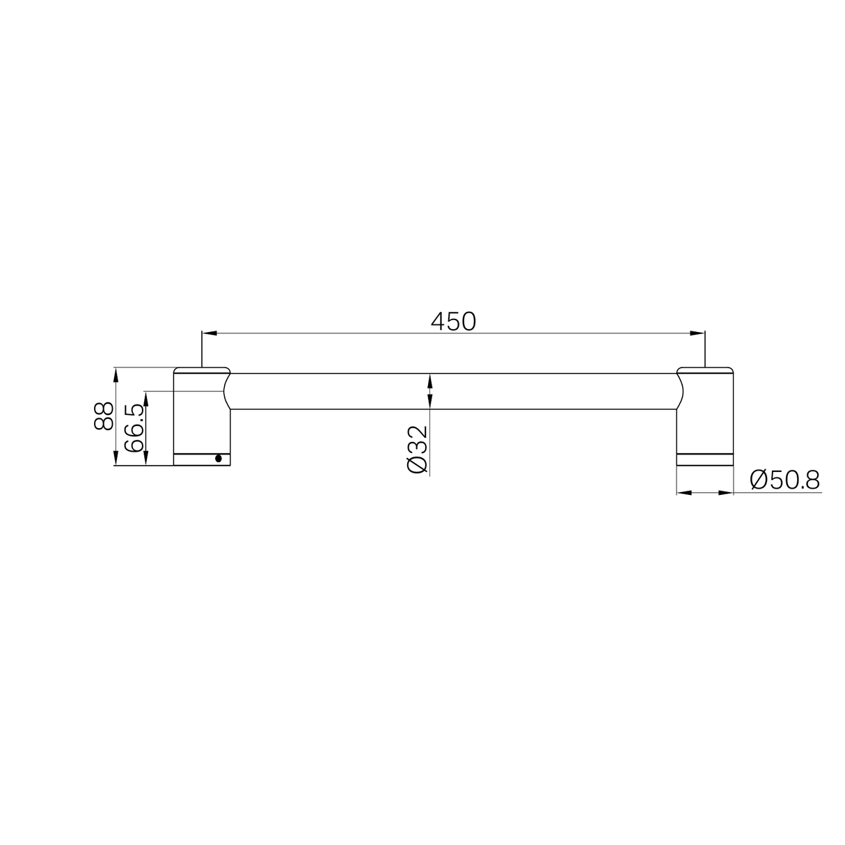 A line drawing of Nero Tapware Mecca Care 32mm Grab Rail 450mm Gun Metal