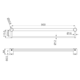 A line drawing of Nero Tapware Mecca Care 32mm Grab Rail With Towel Holder 900mm Matte Black