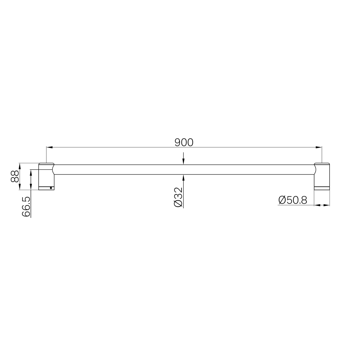 A line drawing of Nero Tapware Mecca Care 32mm Grab Rail 900mm Brushed Nickel