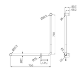 A line drawing of Nero Tapware Mecca Care 32mm 90 Degree NZ4121 Accessible Toilet Grab Rail 750X750mm With Toilet Roll Holder Brushed Bronze