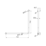 A line drawing of Nero Tapware Mecca Care 32mm 90 Degree NZ4121 Accessible Toilet Grab Rail 750X750mm Brushed Bronze