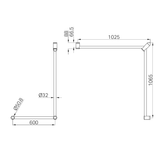 A line drawing of Nero Tapware Mecca Care 32mm DDA Accessible Toilet Grab Rail Set 90 Degree Continuous 600X1065X1025mm Gun Metal