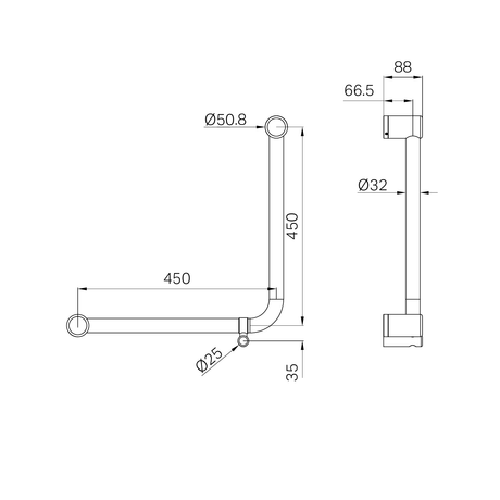 A line drawing of Nero Tapware Mecca Care 32mm Ambulant 90 Degree Bent Tube Grab Rail 450X450mm Brushed Nickel