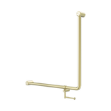 An image of Nero Tapware Mecca Care 32mm 90 Degree NZ4121 Accessible Toilet Grab Rail 750X750mm With Toilet Roll Holder Brushed Gold