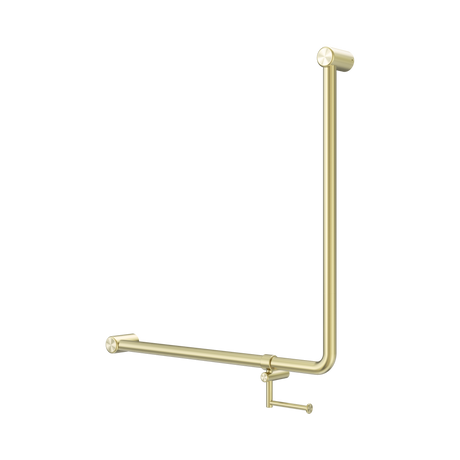 An image of Nero Tapware Mecca Care 32mm 90 Degree NZ4121 Accessible Toilet Grab Rail 750X750mm With Toilet Roll Holder Brushed Gold