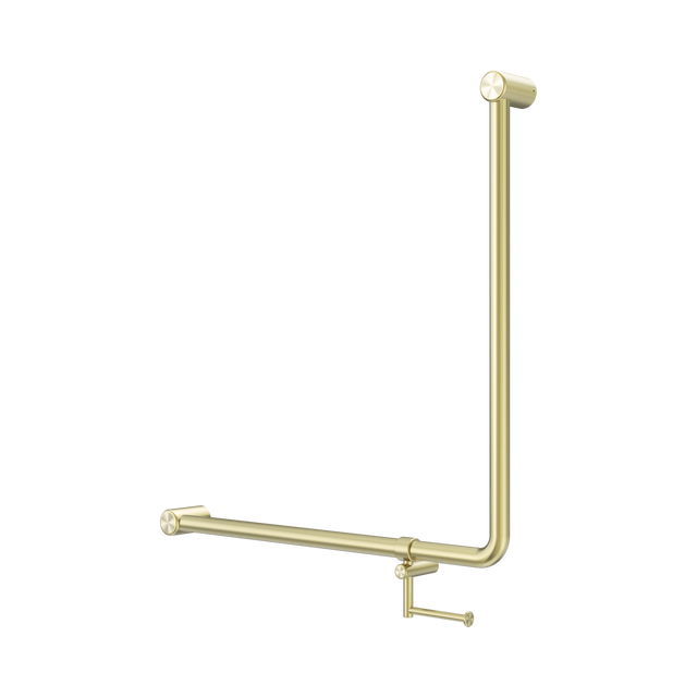 An image of Nero Tapware Mecca Care 32mm 90 Degree NZ4121 Accessible Toilet Grab Rail 750X750mm With Toilet Roll Holder Brushed Gold