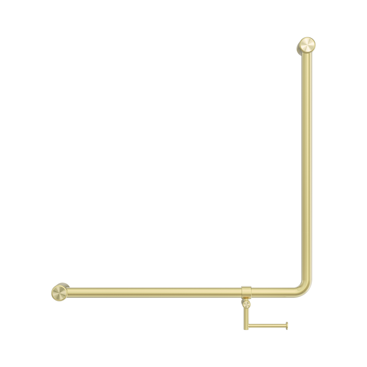 An image of Nero Tapware Mecca Care 32mm 90 Degree NZ4121 Accessible Toilet Grab Rail 750X750mm With Toilet Roll Holder Brushed Gold