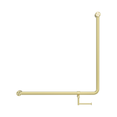 An image of Nero Tapware Mecca Care 32mm 90 Degree NZ4121 Accessible Toilet Grab Rail 750X750mm With Toilet Roll Holder Brushed Gold