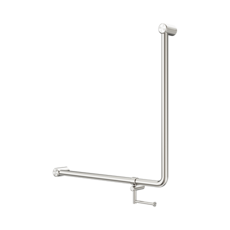 An image of Nero Tapware Mecca Care 32mm 90 Degree NZ4121 Accessible Toilet Grab Rail 750X750mm With Toilet Roll Holder Brushed Nickel