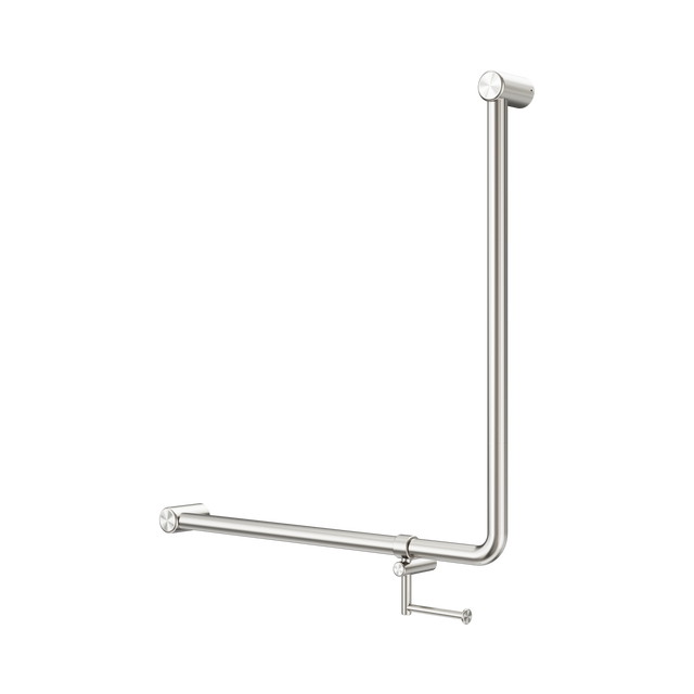 An image of Nero Tapware Mecca Care 32mm 90 Degree NZ4121 Accessible Toilet Grab Rail 750X750mm With Toilet Roll Holder Brushed Nickel