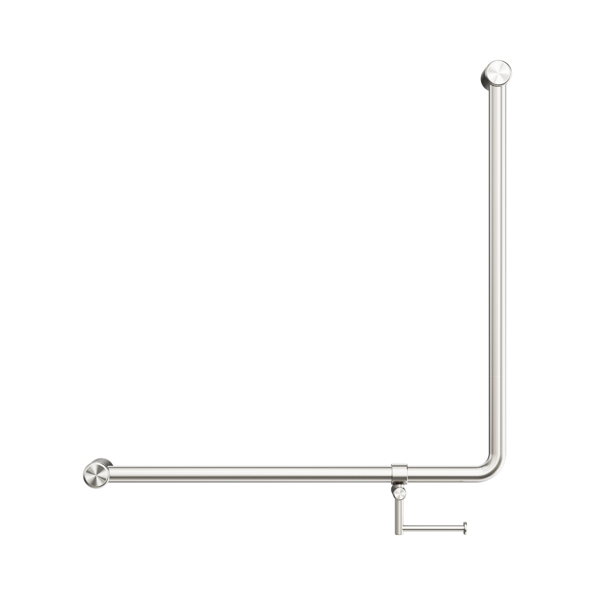 An image of Nero Tapware Mecca Care 32mm 90 Degree NZ4121 Accessible Toilet Grab Rail 750X750mm With Toilet Roll Holder Brushed Nickel