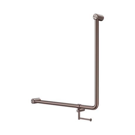 An image of Nero Tapware Mecca Care 32mm 90 Degree NZ4121 Accessible Toilet Grab Rail 750X750mm With Toilet Roll Holder Brushed Bronze