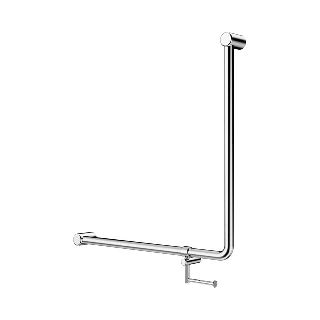 An image of Nero Tapware Mecca Care 32mm 90 Degree NZ4121 Accessible Toilet Grab Rail 750X750mm With Toilet Roll Holder Chrome